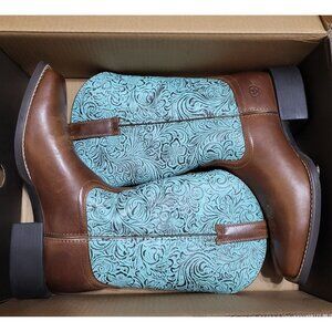 Women Ariat Round Up Wide Square Toe Beduino Brown Turquoise Floral Embossed 9.5